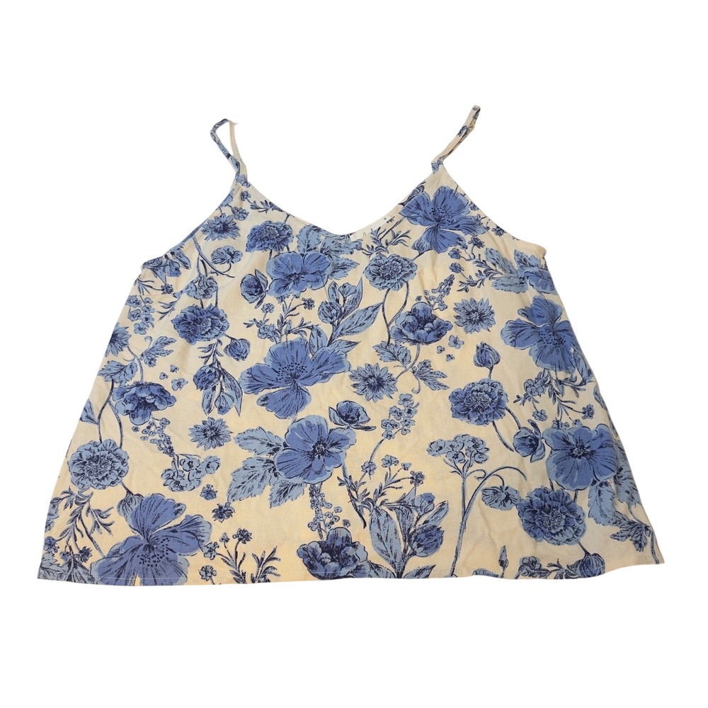 La February Blue Floral Linen Blend Cami Tank Top A1353T-BL Large NEW